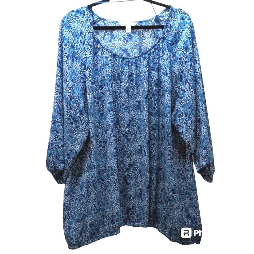 Croft & Barrow Women's Blue and White Floral 3/4 Length Sleeves Blouse Size 3X